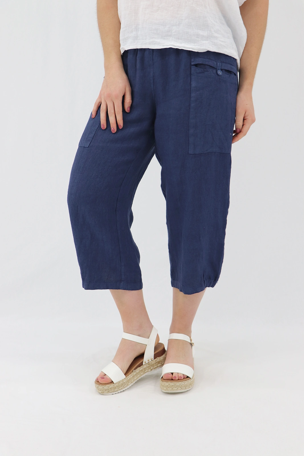 Aida Rose Linen Bambina 3/4 Casual Pants Navy