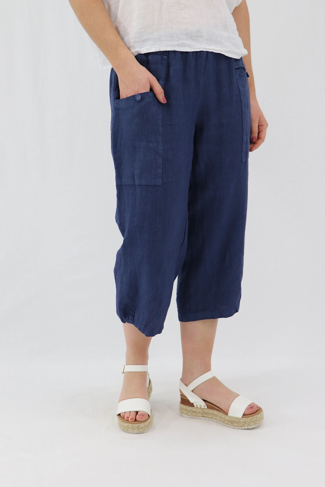 Aida Rose Linen Bambina 3/4 Casual Pants Navy Side