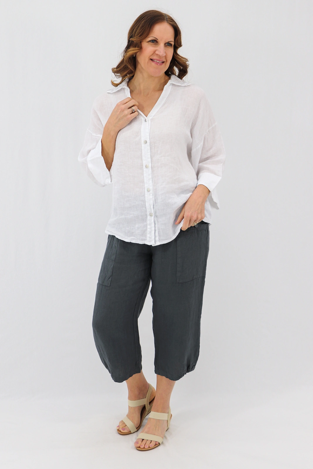 Aida Rose Linen Bambina 3/4 Casual Pants Dark Slate