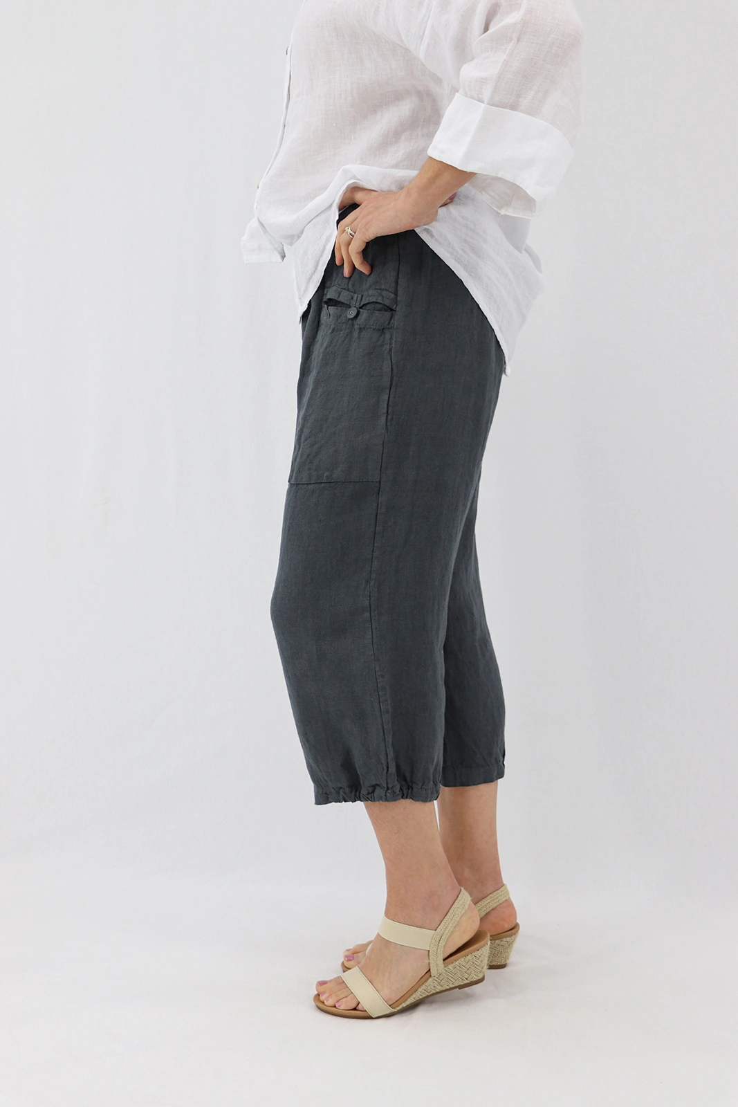 Aida Rose Linen Bambina 3/4 Casual Pants Dark Slate Side Zoom