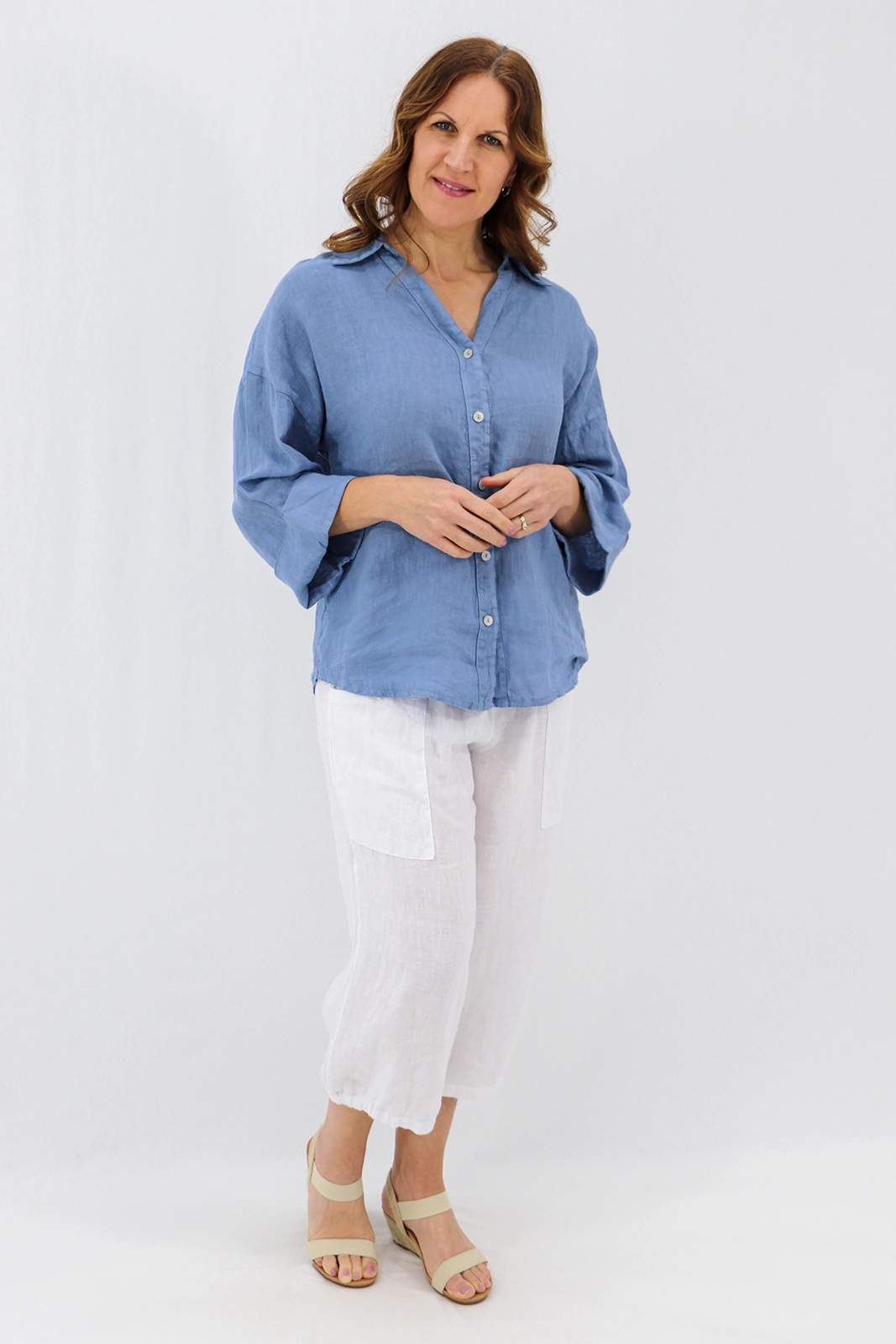 Aida Rose Linen Bambina 3/4 Casual Pants White Front