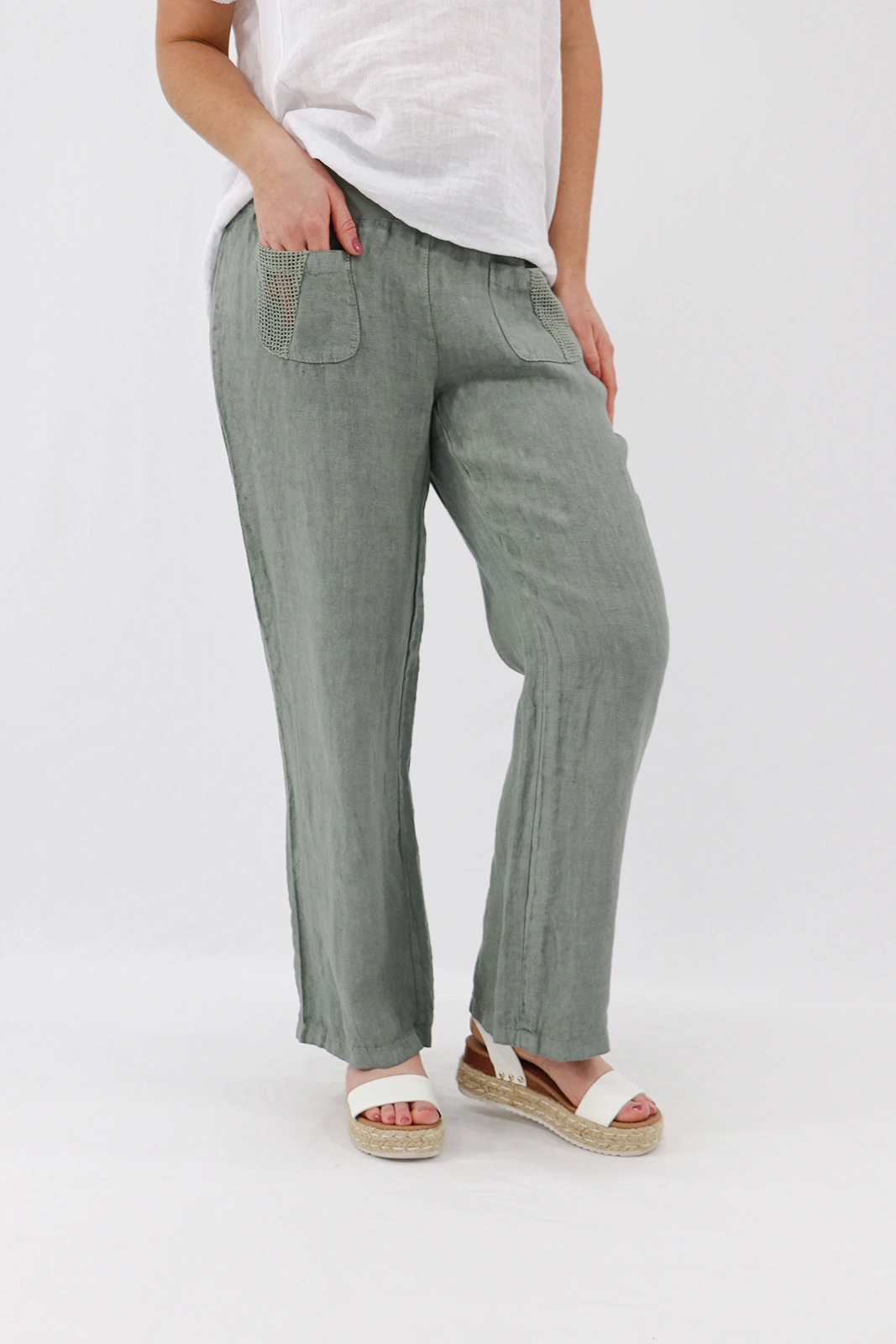 Aida Rose Linen Avena Mesh Detail Pants Khaki Side Zoom