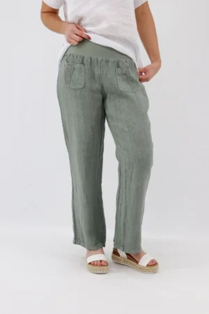 Aida Rose Linen Avena Mesh Detail Pants Khaki Front Zoom