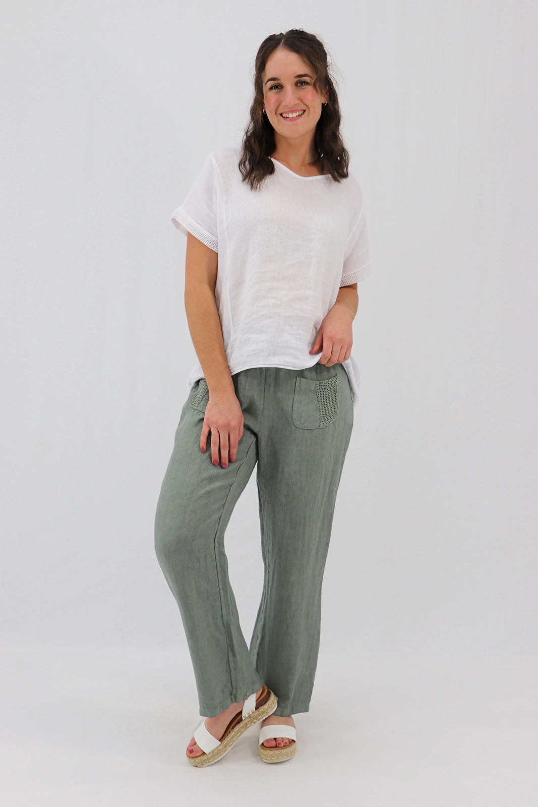 Aida Rose Linen Avena Mesh Detail Pants Khaki Front