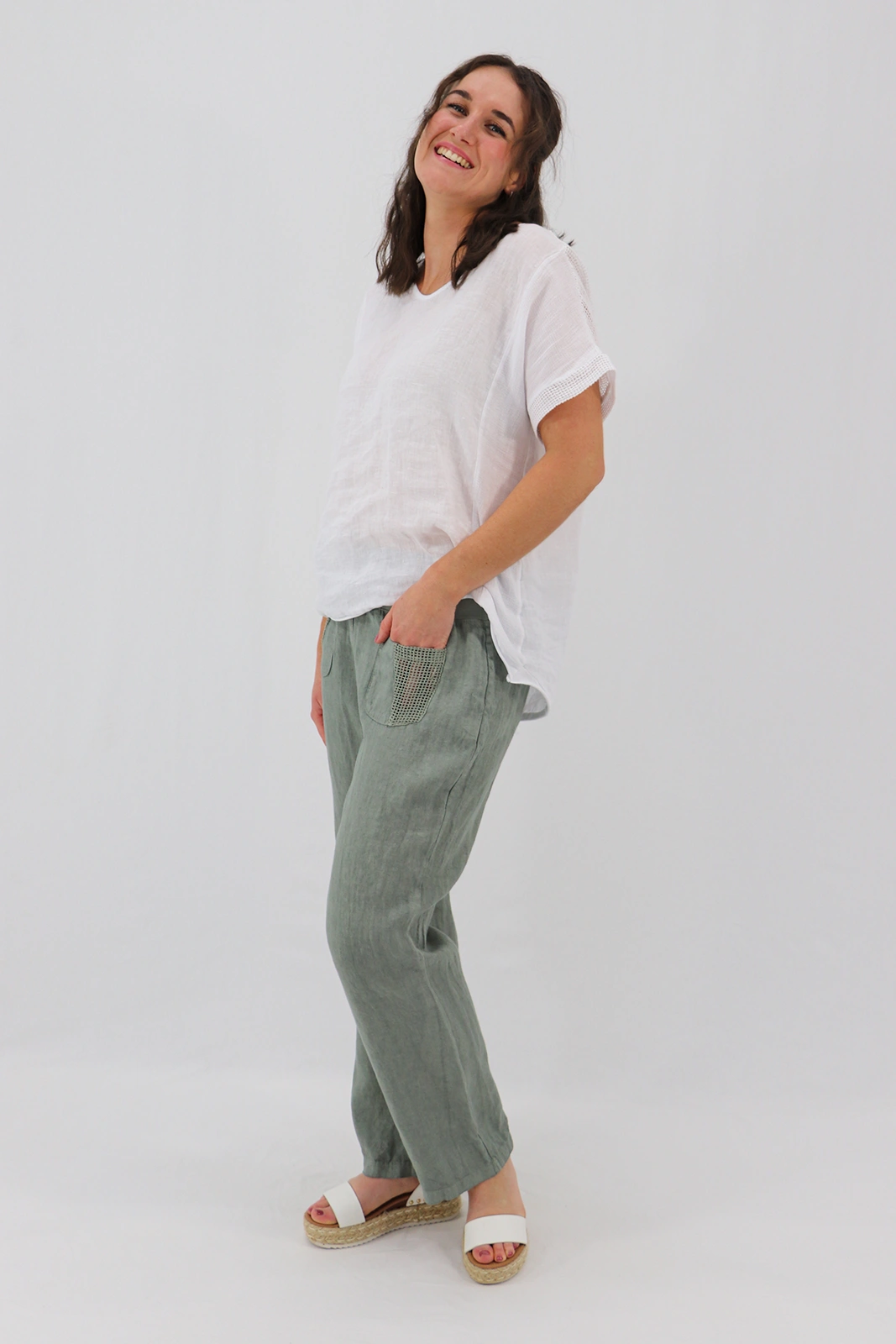 Aida Rose Linen Avena Mesh Detail Pants Khaki Side