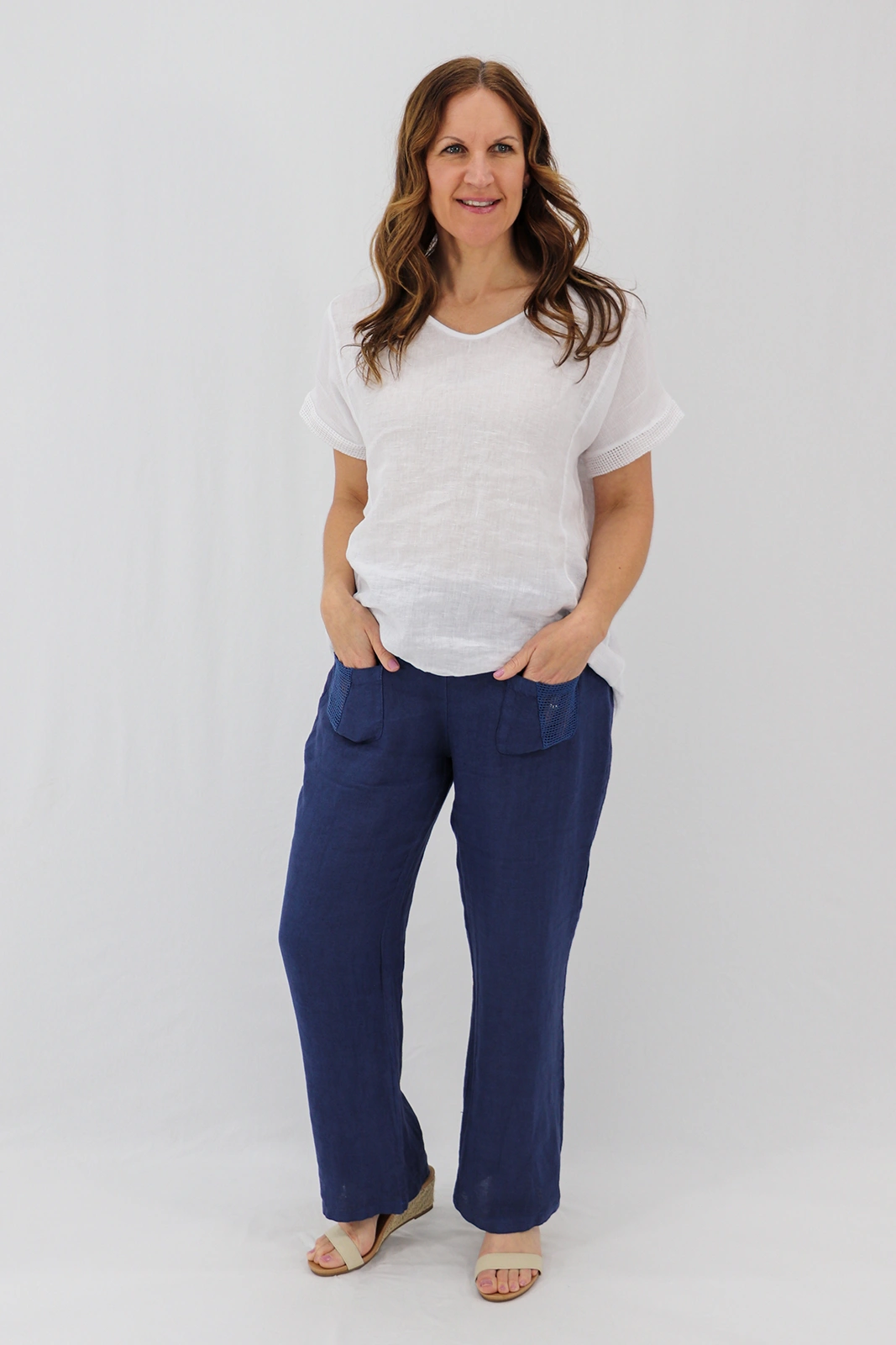 Aida Rose Linen Avena Mesh Detail Pants Navy Front