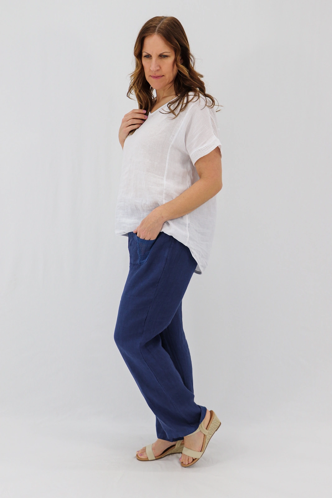 Aida Rose Linen Avena Mesh Detail Pants Navy Side