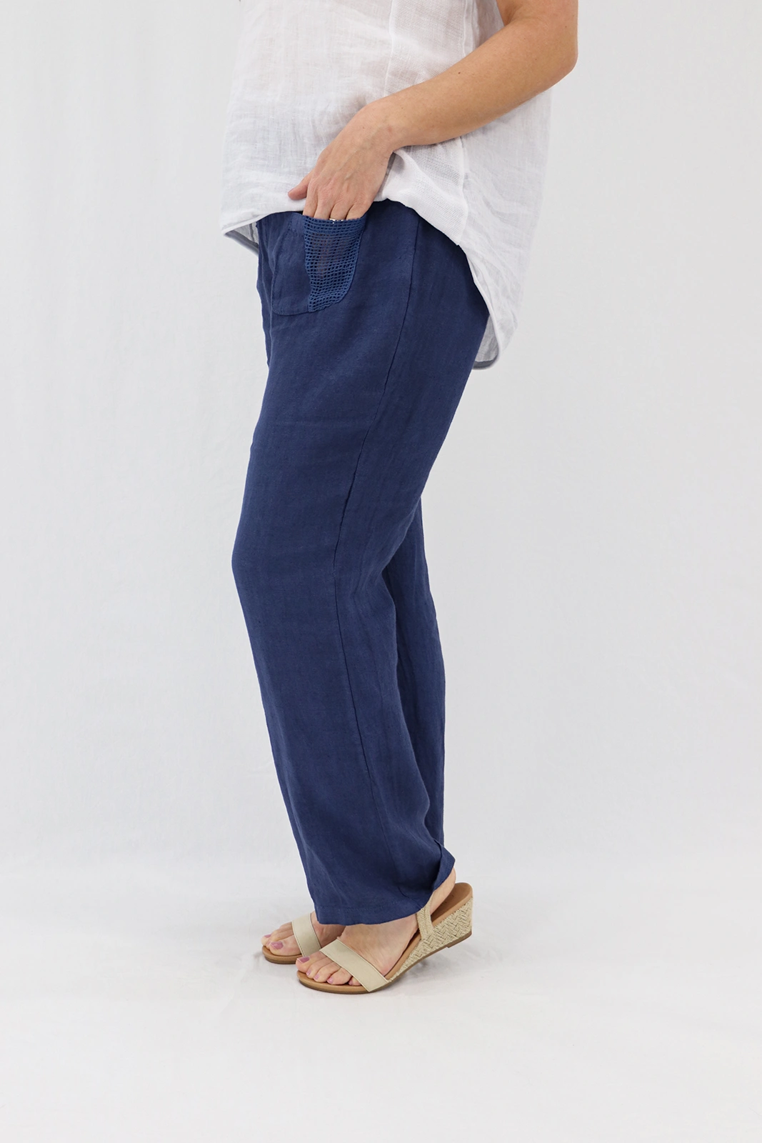 Aida Rose Linen Avena Mesh Detail Pants Navy Side Zoom