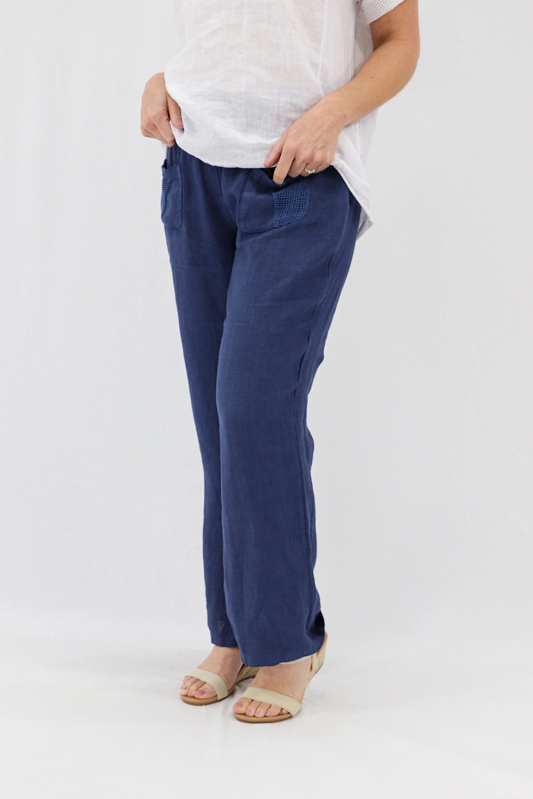 Aida Rose Linen Avena Mesh Detail Pants Navy Front Zoom