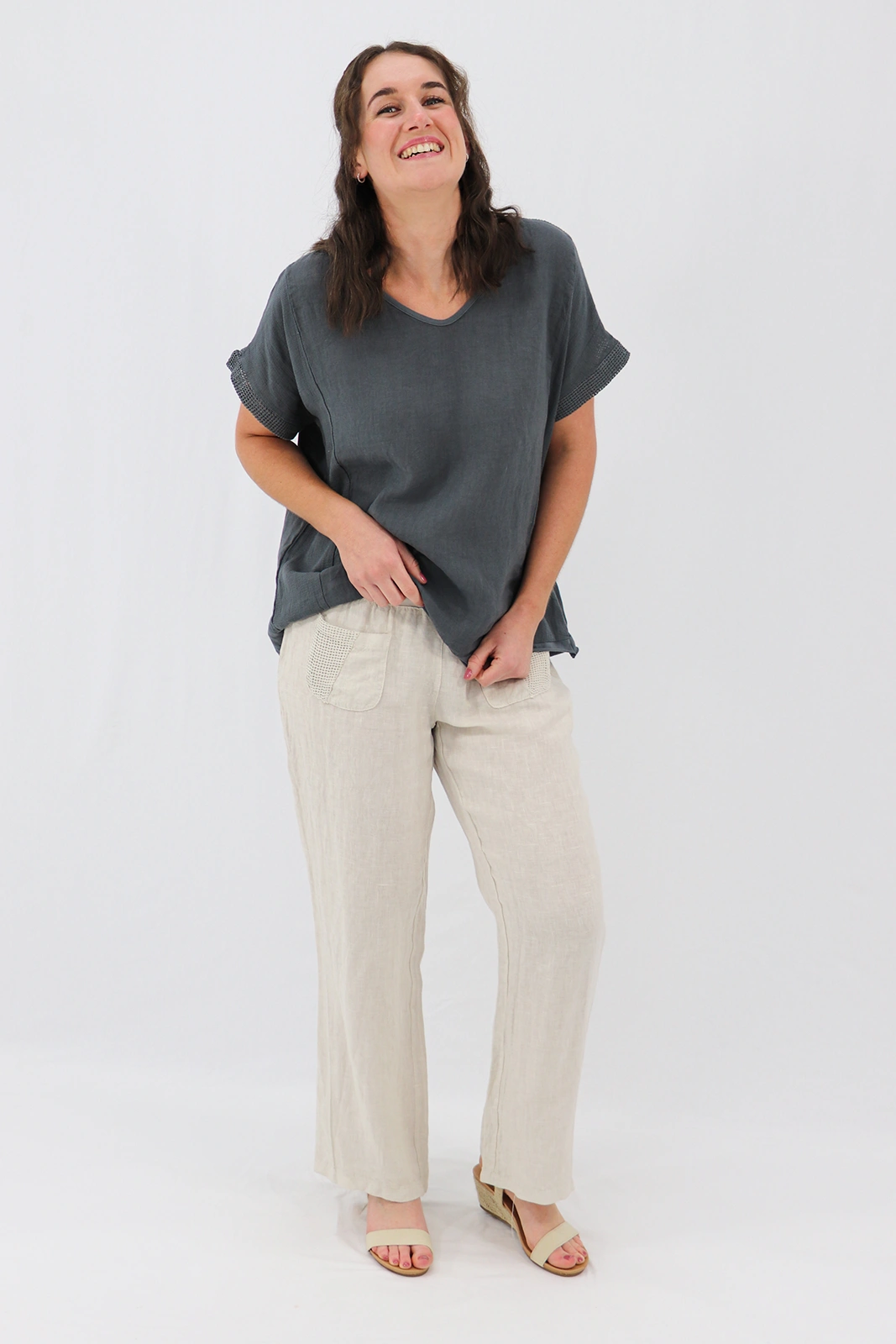 Aida Rose Linen Avena Mesh Detail Pants Natural