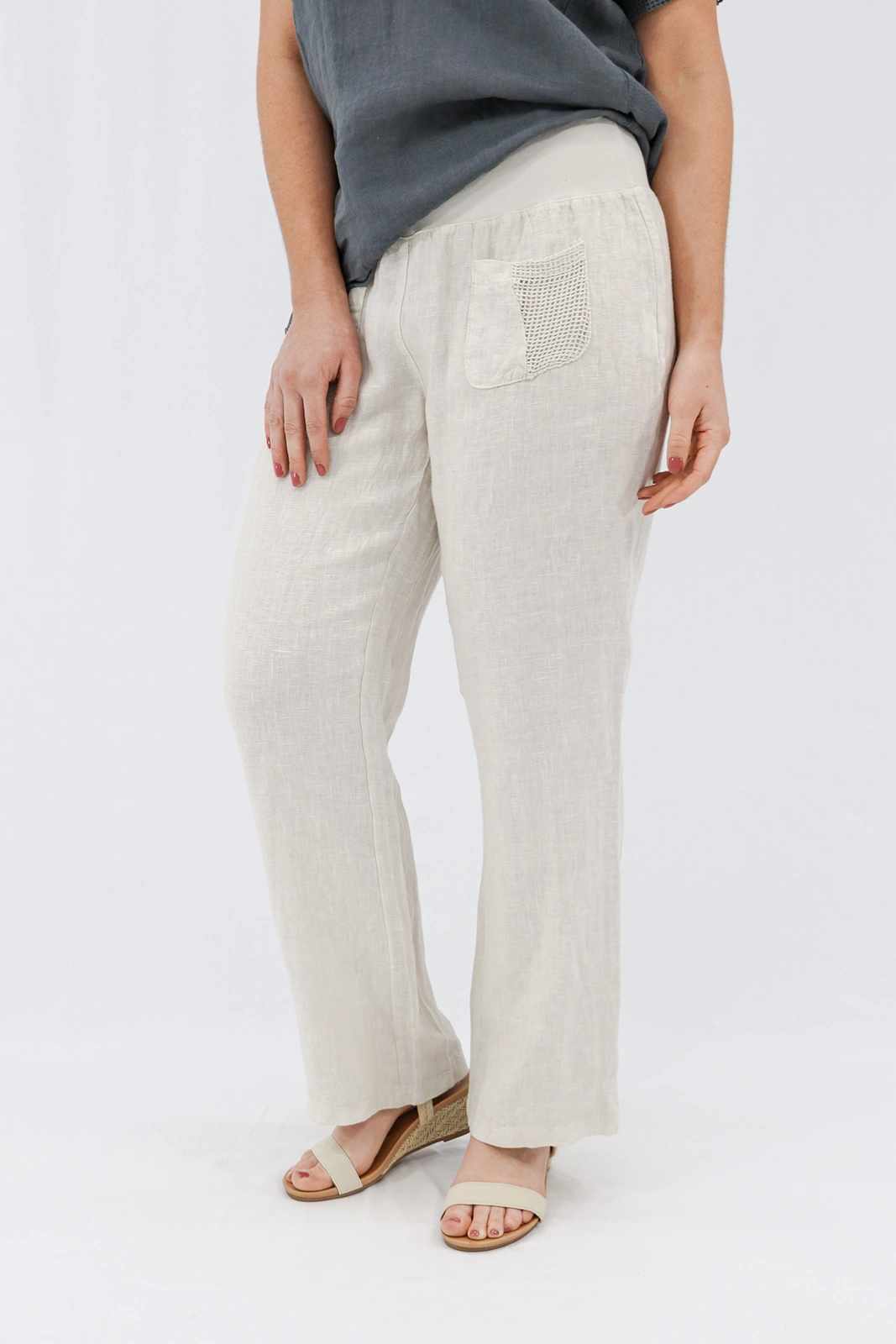 Aida Rose Linen Avena Mesh Detail Pants Natural Side