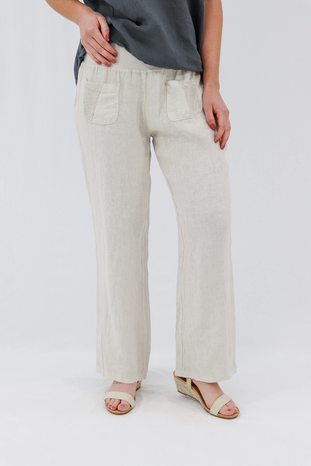 Aida Rose Linen Avena Mesh Detail Pants Natural Zoom