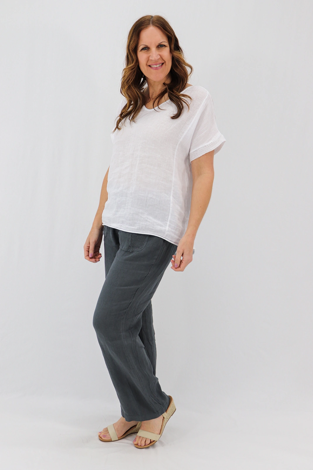Aida Rose Linen Avena Mesh Detail Pants Dark Slate