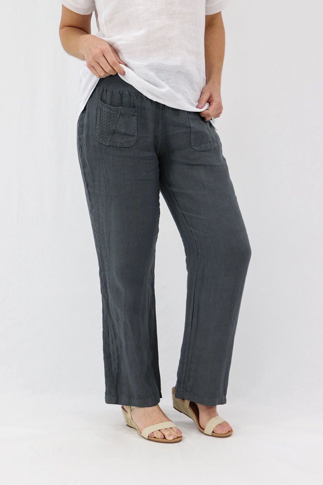 Aida Rose Linen Avena Mesh Detail Pants Dark Slate Zoom