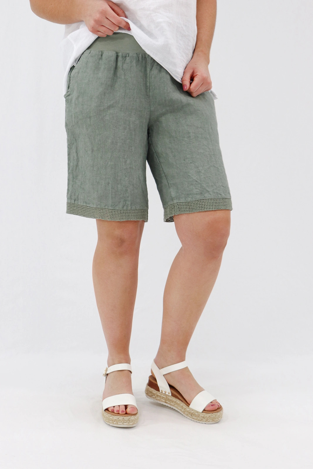 Aida Rose Linen Avena Mesh Detail Shorts Khaki