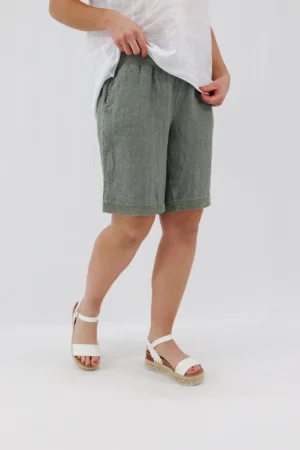 Aida Rose Linen Avena Mesh Detail Shorts Khaki Front