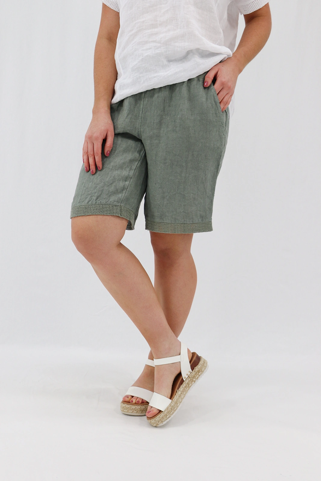 Aida Rose Linen Avena Mesh Detail Shorts Khaki Side