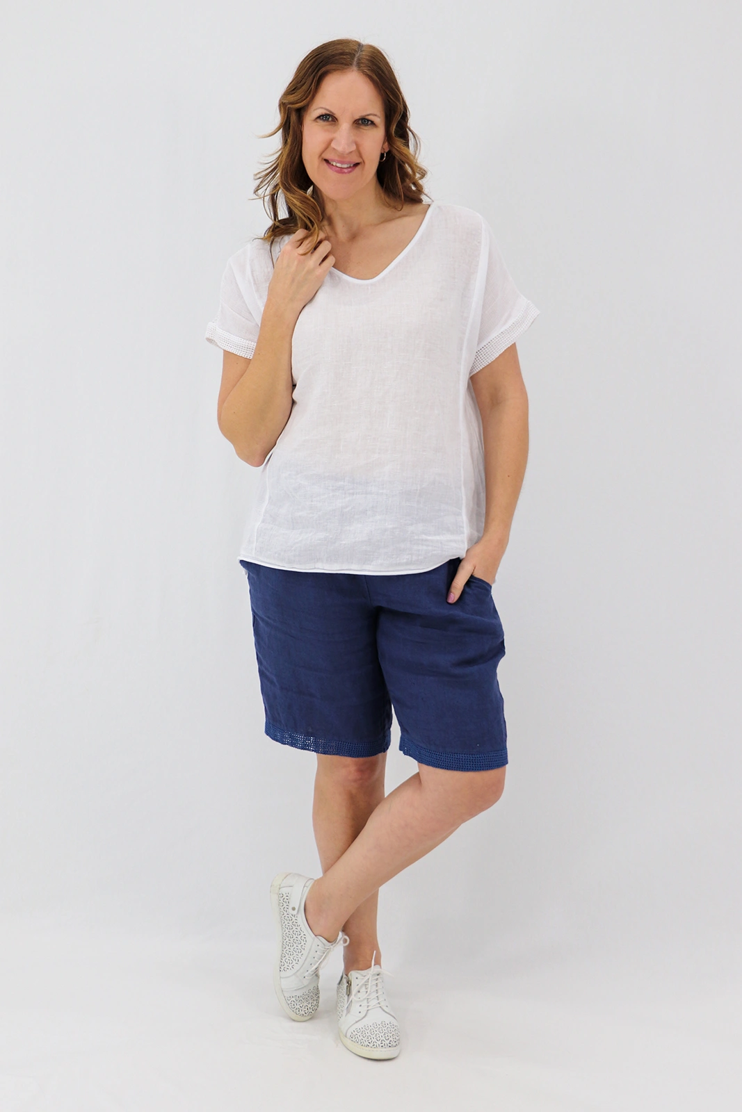 Aida Rose Linen Avena Mesh Detail Shorts Navy