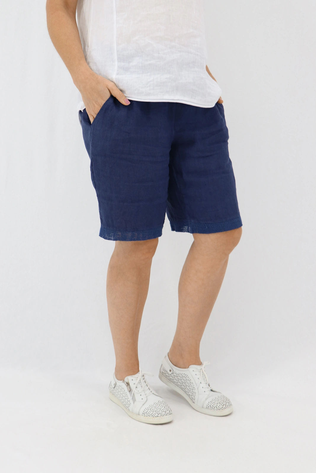 Aida Rose Linen Avena Mesh Detail Shorts Navy Front