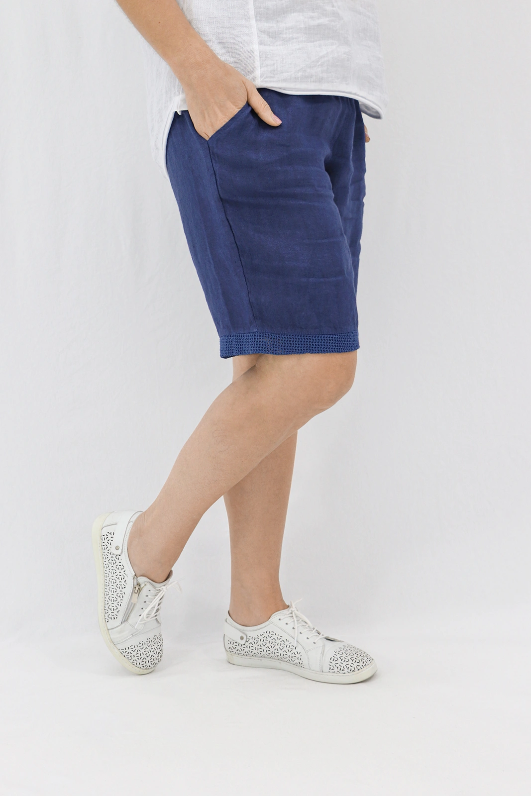 Aida Rose Linen Avena Mesh Detail Shorts Navy Side