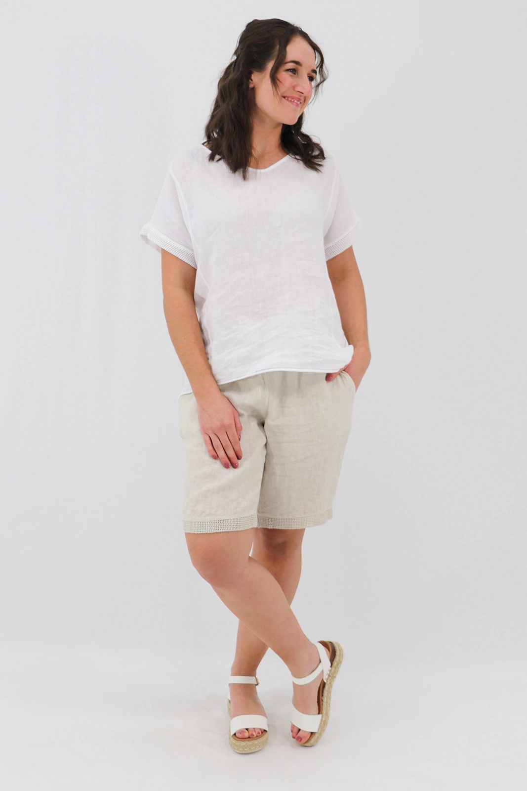 Aida Rose Linen Avena Mesh Detail Shorts Natural