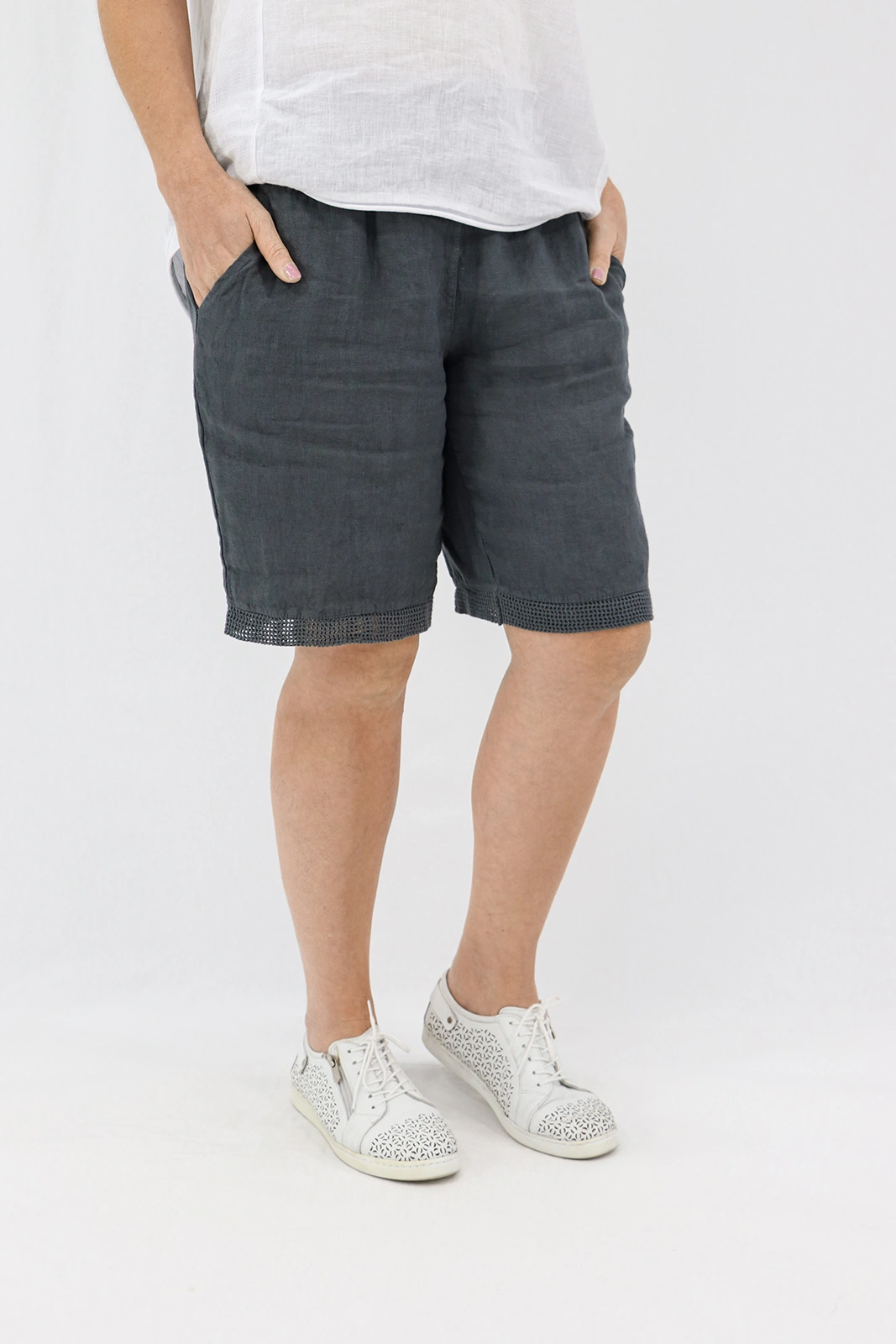 Aida Rose Linen Avena Mesh Detail Shorts Dark Slate