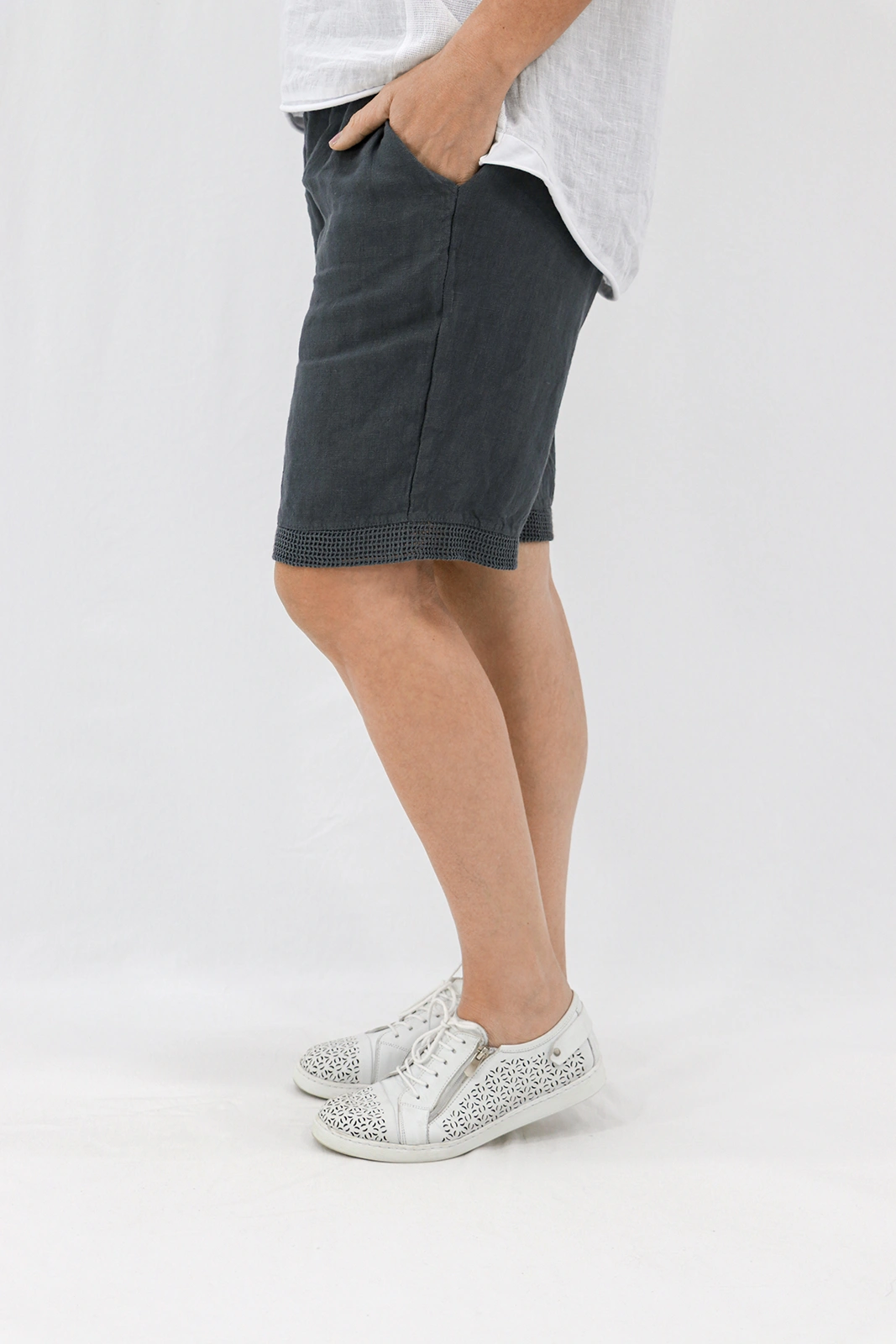 Aida Rose Linen Avena Mesh Detail Shorts Dark Slate Side