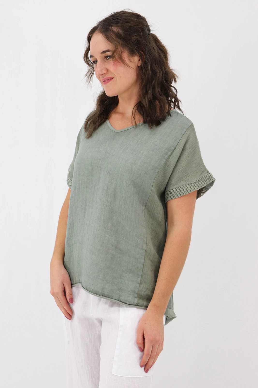 Aida Rose Linen Avena Mesh Detail Top Khaki Front