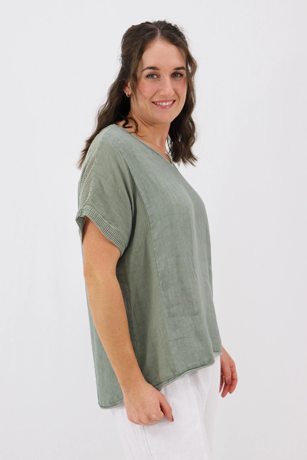 Aida Rose Linen Avena Mesh Detail Top Khaki Side