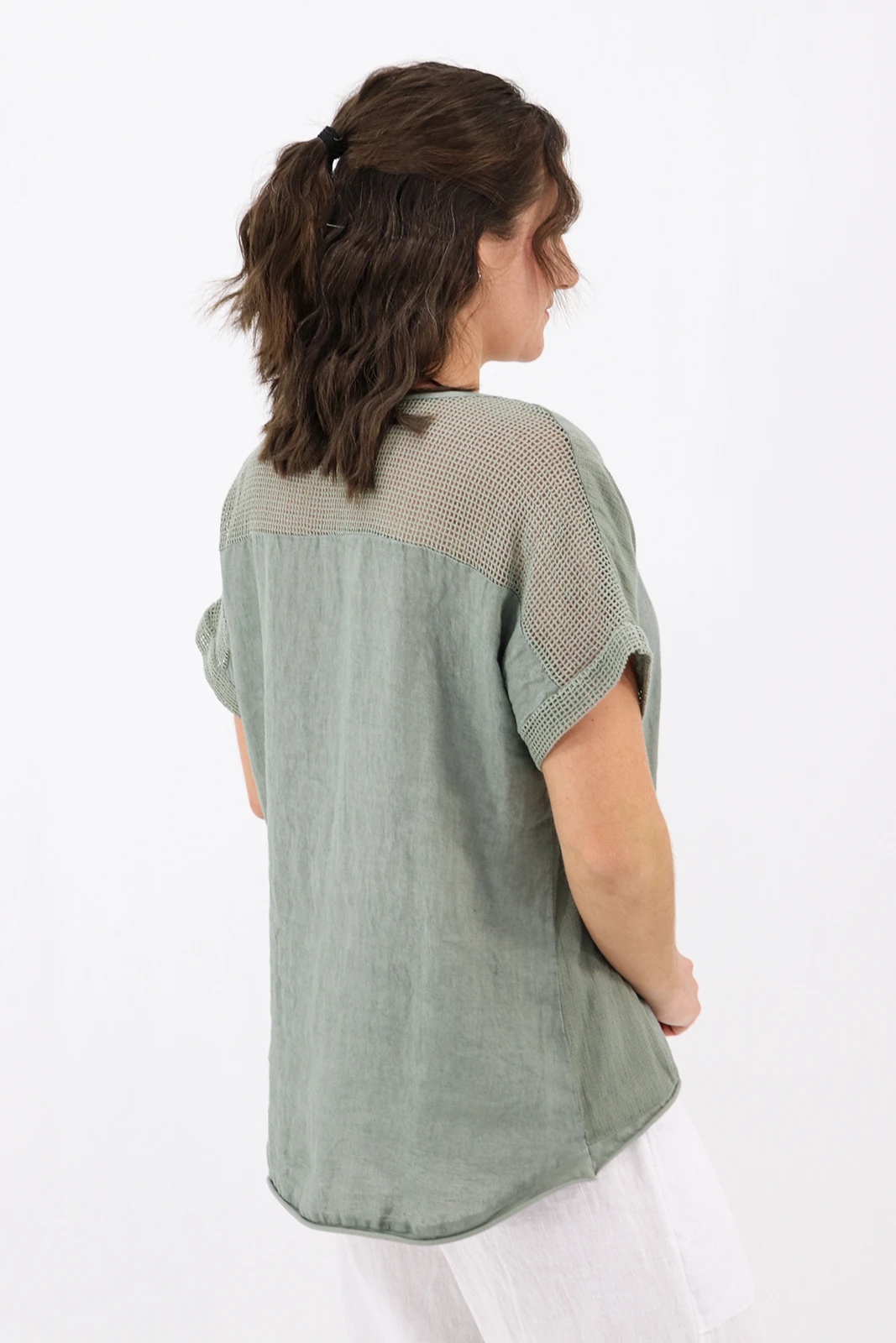 Aida Rose Linen Avena Mesh Detail Top Khaki Back