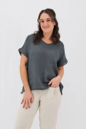 Aida Rose Linen Avena Mesh Detail Top Dark Slate