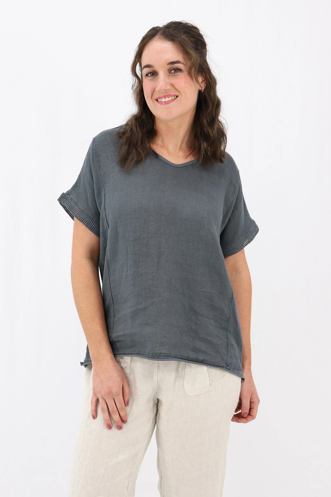 Aida Rose Linen Avena Mesh Detail Top Dark Slate Front
