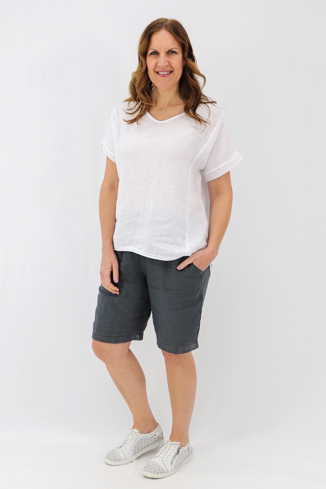 Aida Rose Linen Avena Mesh Detail Top White