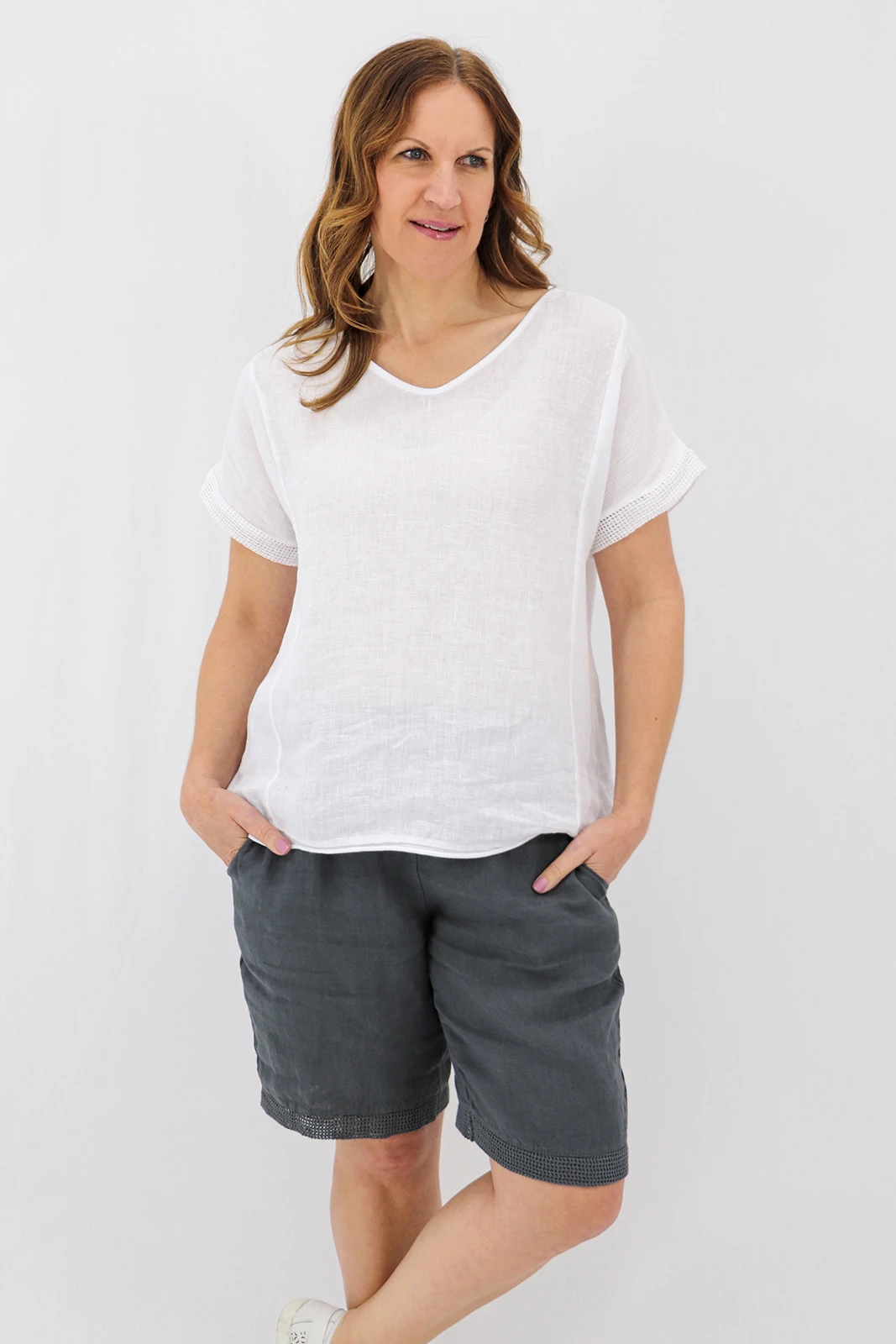 Aida Rose Linen Avena Mesh Detail Top White Front