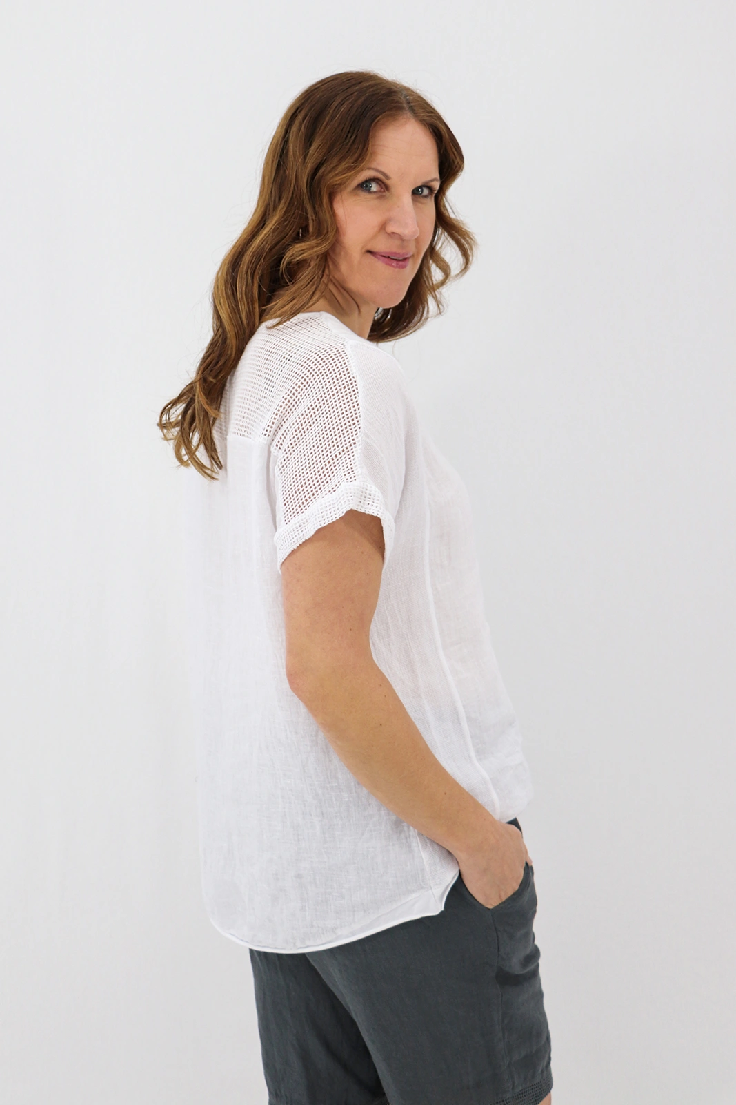 Aida Rose Linen Avena Mesh Detail Top White Back