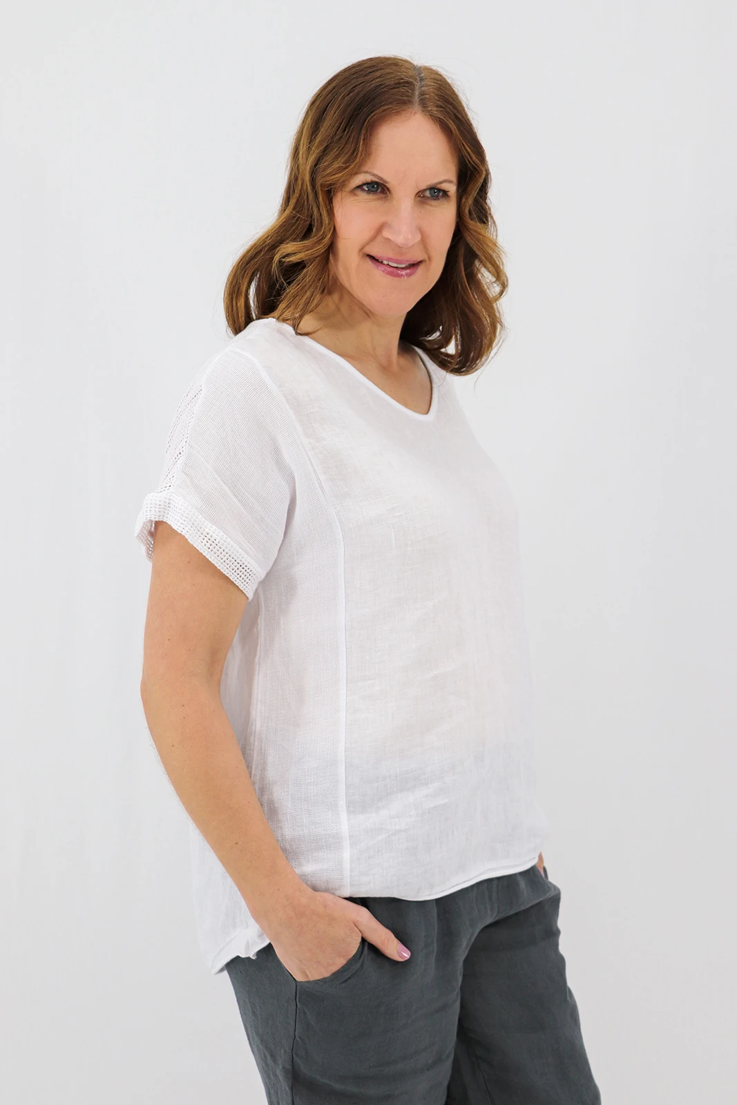 Aida Rose Linen Avena Mesh Detail Top White Side