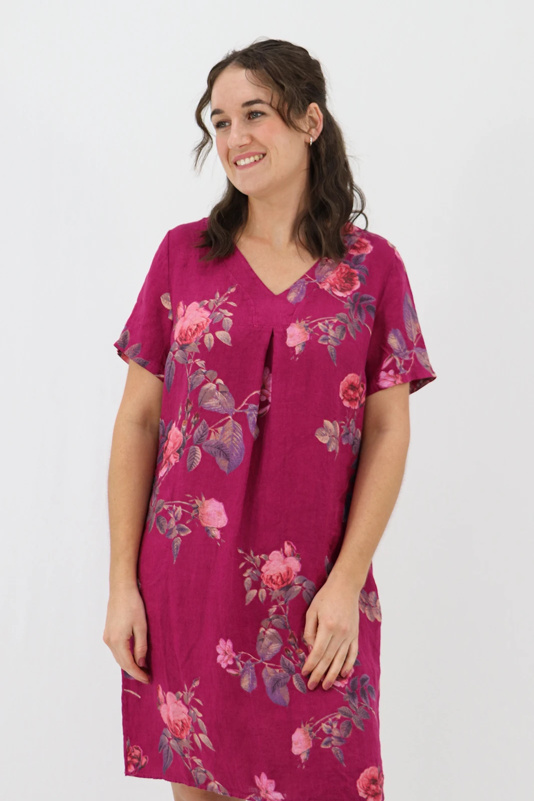 Aida Rose Linen Shift Midi Dress - Rose Garden Berry