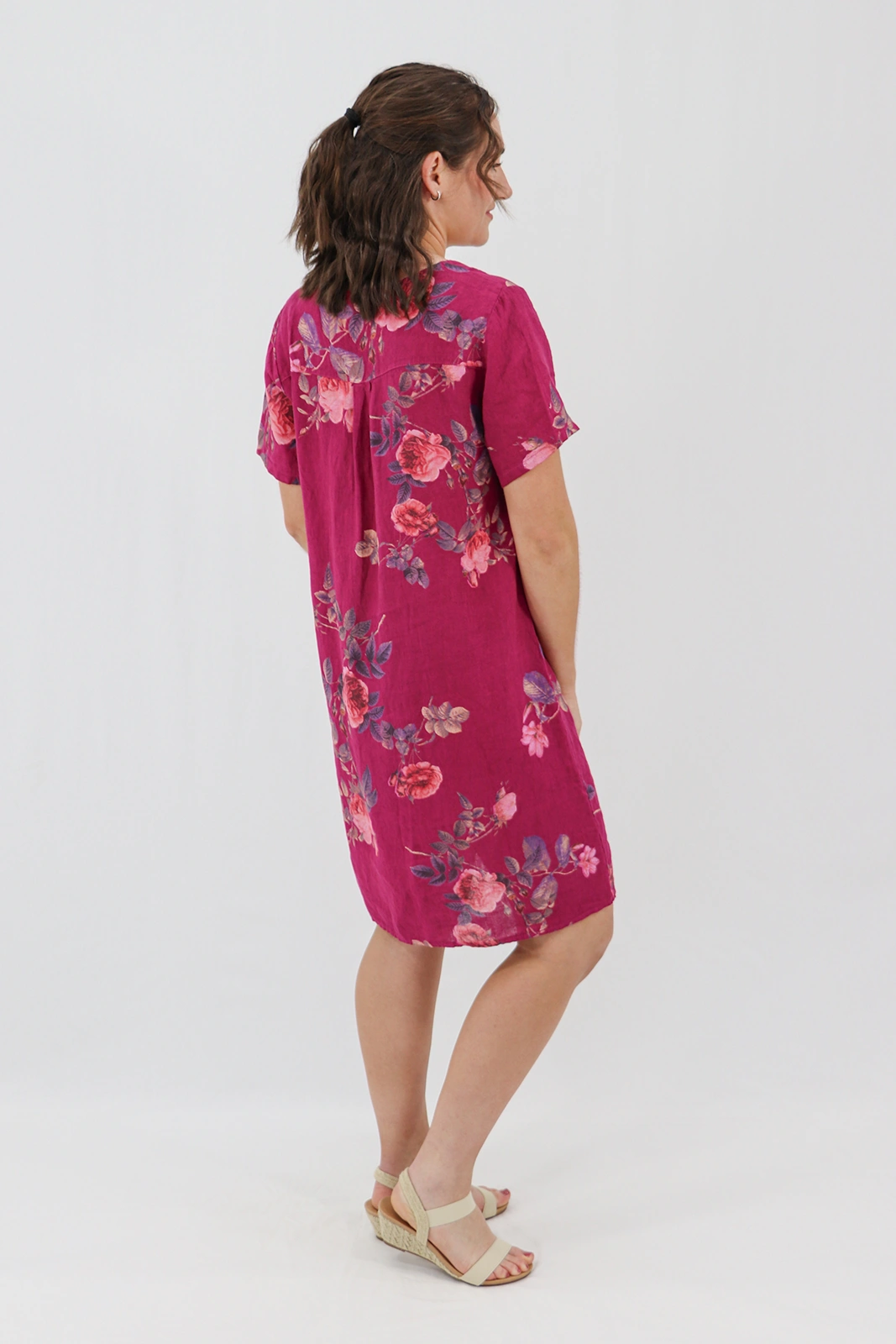 Aida Rose Linen Shift Midi Dress - Rose Garden Berry Back
