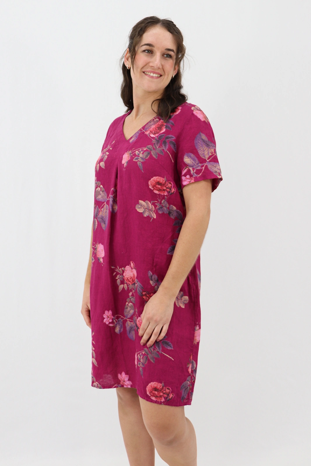 Aida Rose Linen Shift Midi Dress - Rose Garden Berry Side