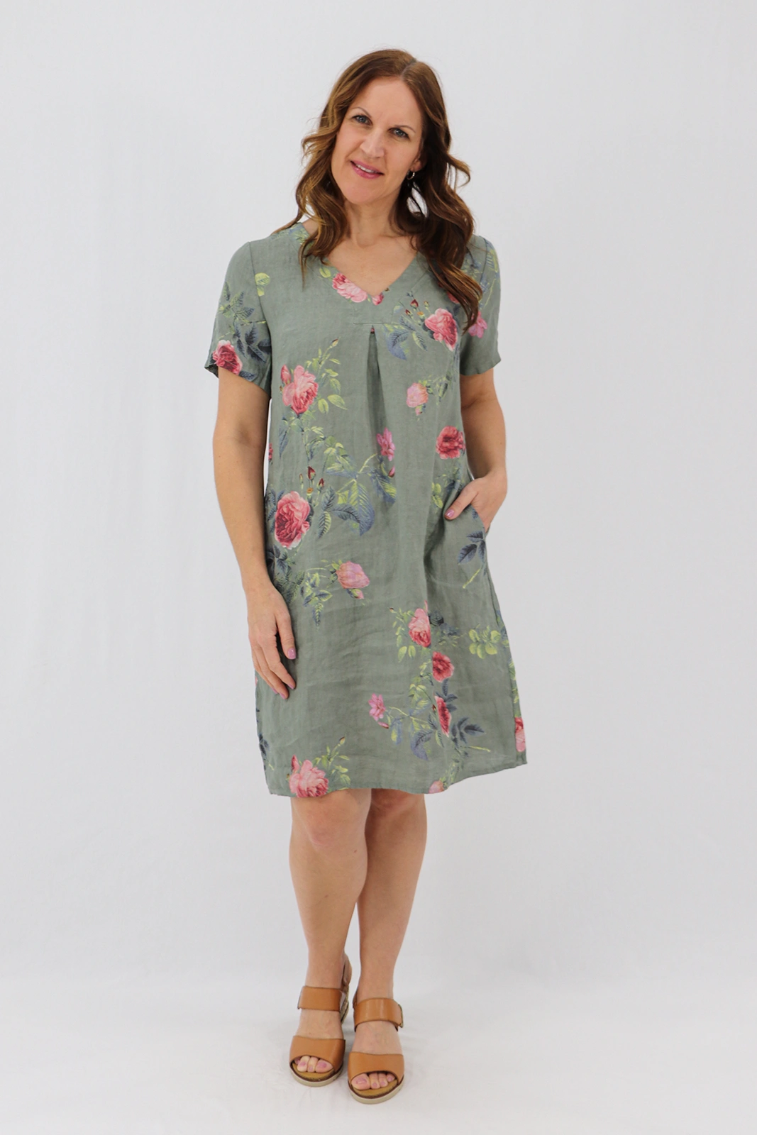 Aida Rose Linen Shift Midi Dress - Rose Garden Khaki