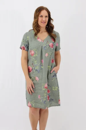 Aida Rose Linen Shift Midi Dress - Rose Garden Khaki Zoom