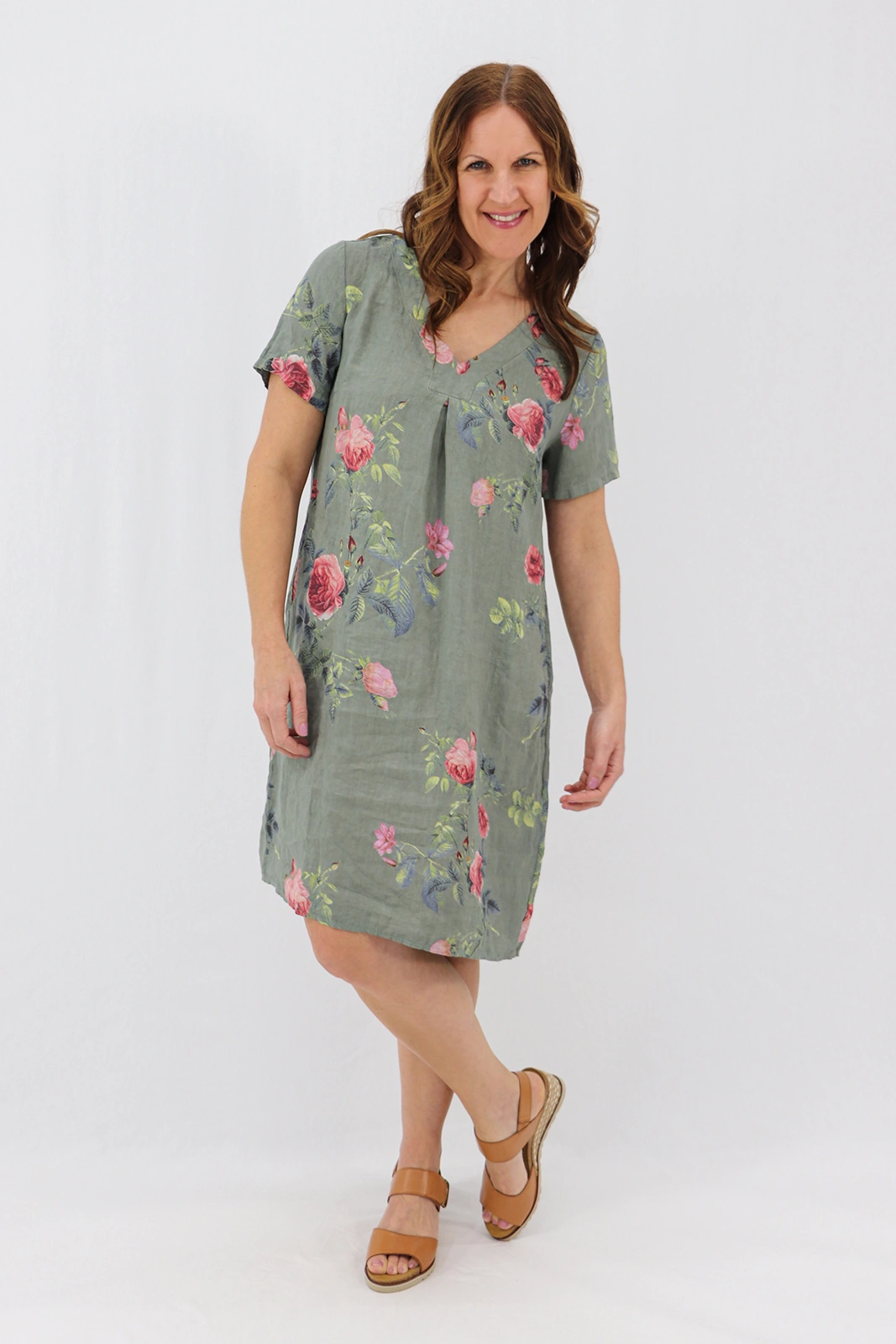 Aida Rose Linen Shift Midi Dress - Rose Garden Khaki Front