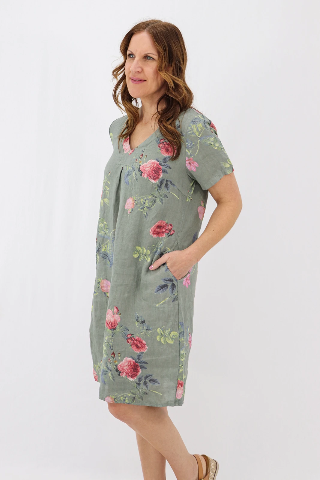Aida Rose Linen Shift Midi Dress - Rose Garden Khaki Side