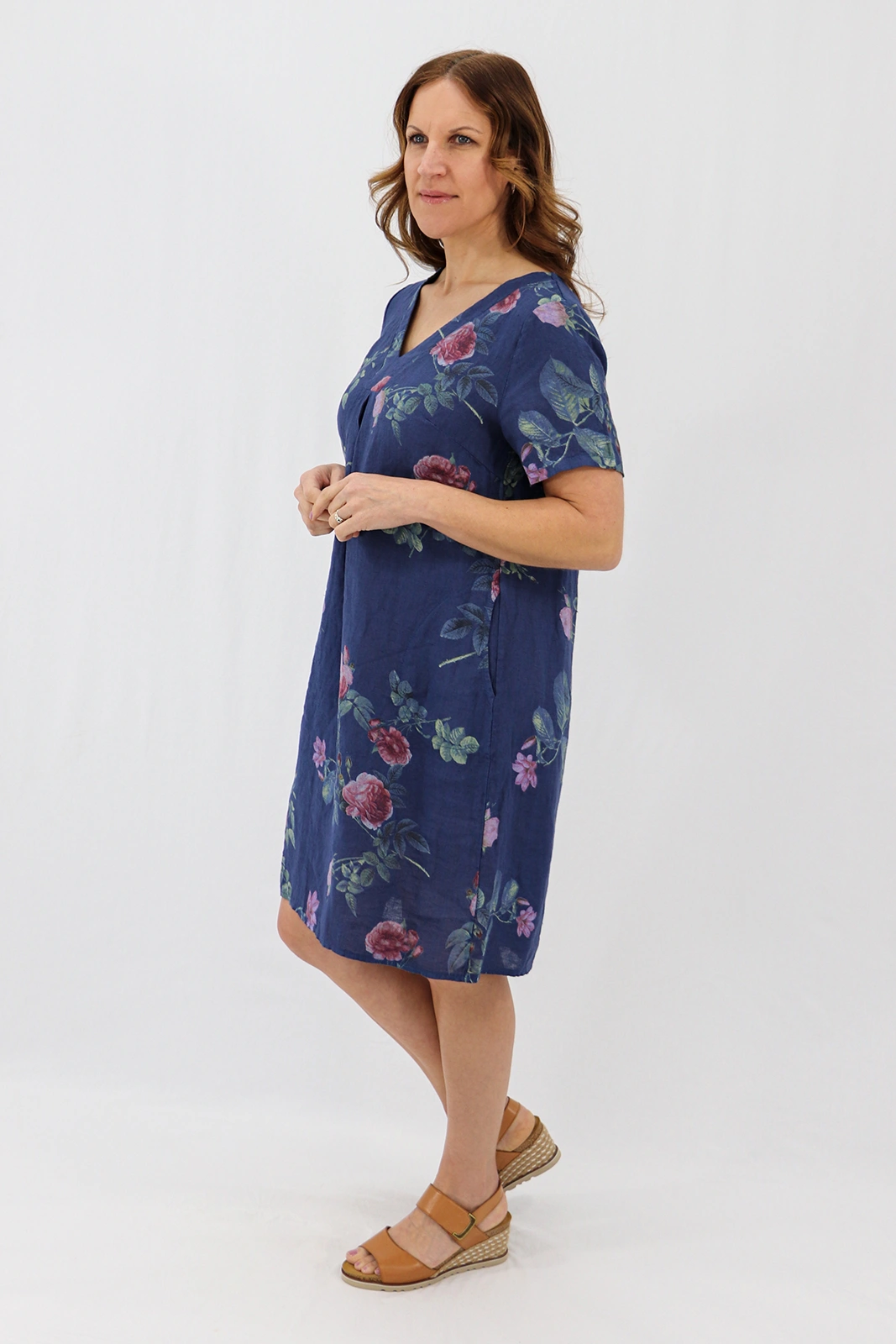 Aida Rose Linen Shift Midi Dress - Rose Garden Navy Side