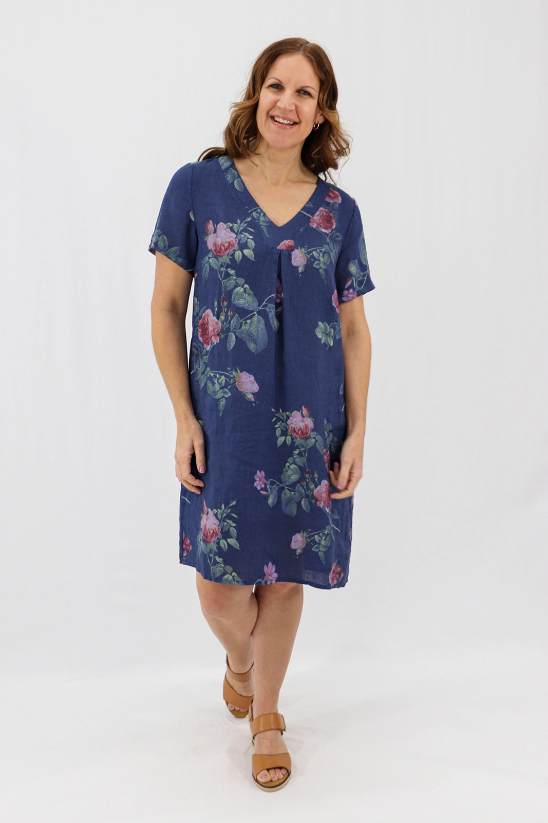 Aida Rose Linen Shift Midi Dress - Rose Garden Navy Front