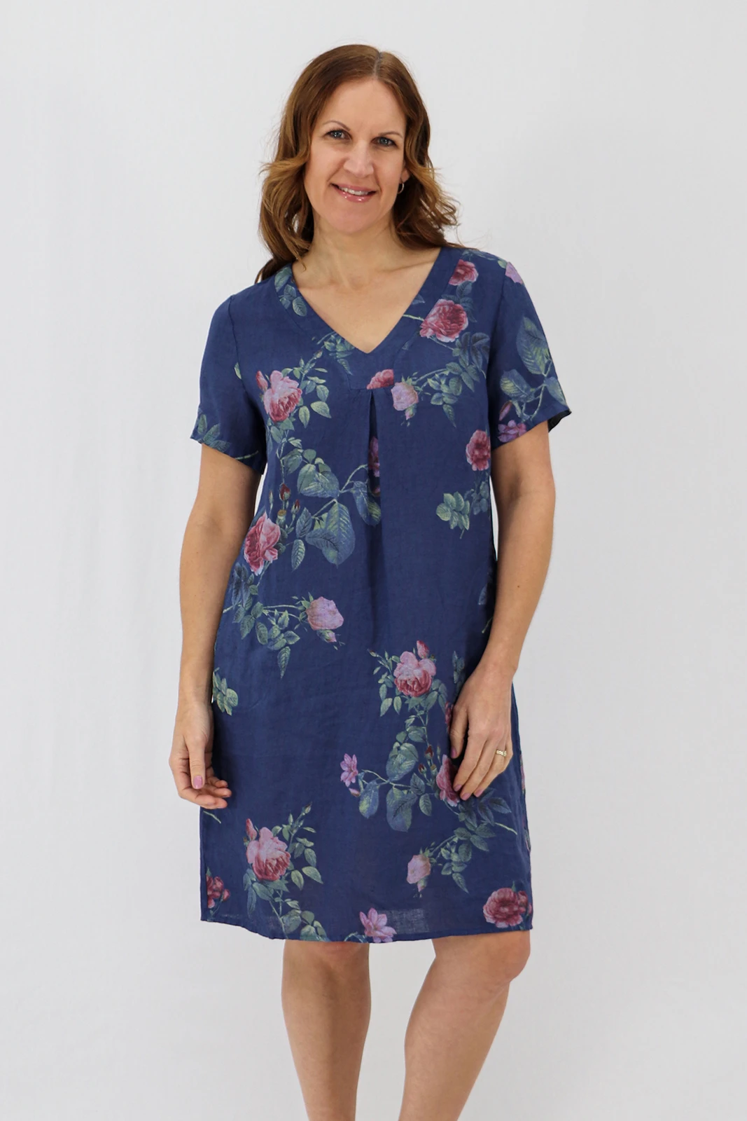 Aida Rose Linen Shift Midi Dress - Rose Garden Navy