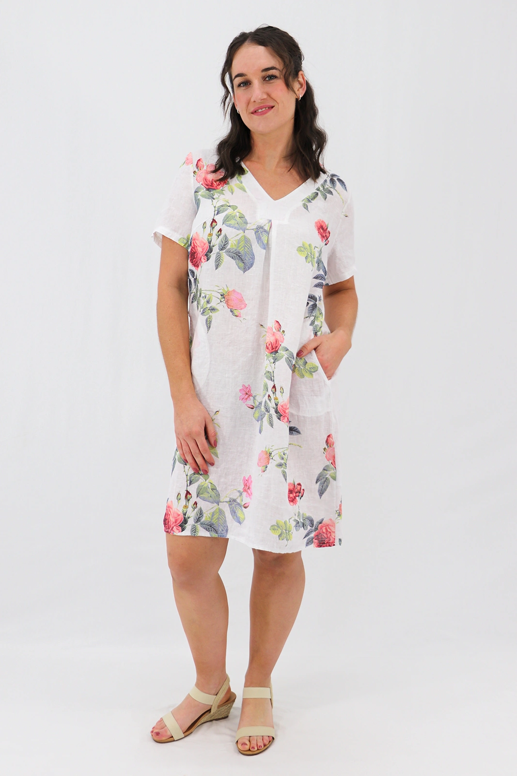 Aida Rose Linen Shift Midi Dress - Rose Garden White