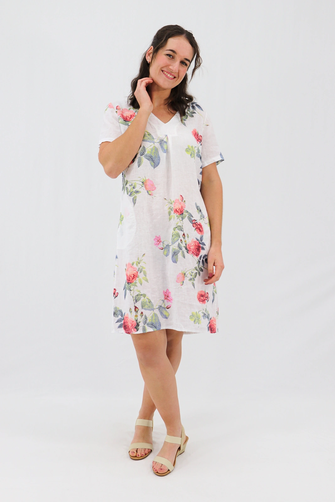 Aida Rose Linen Shift Midi Dress - Rose Garden White Front