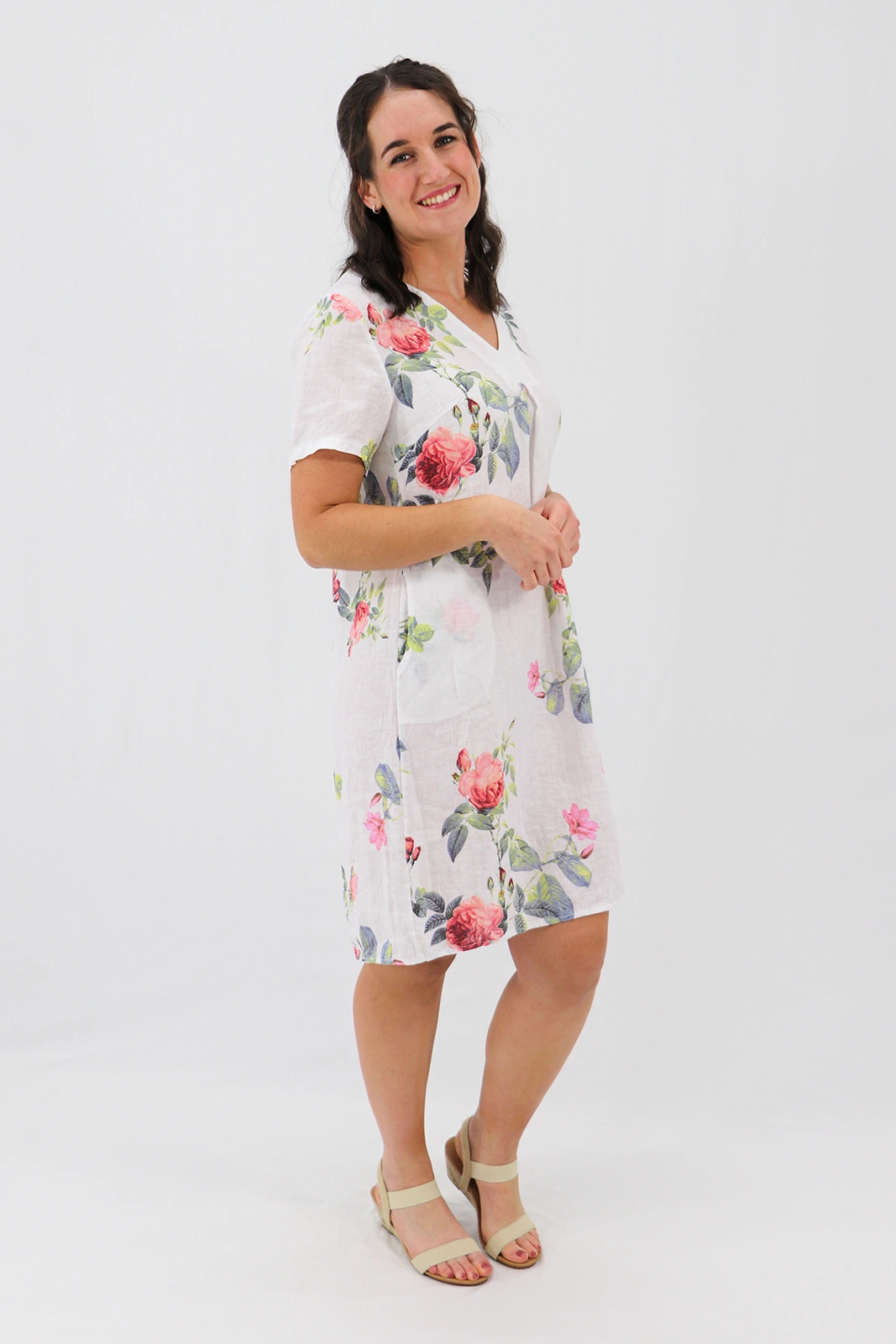 Aida Rose Linen Shift Midi Dress - Rose Garden White Side