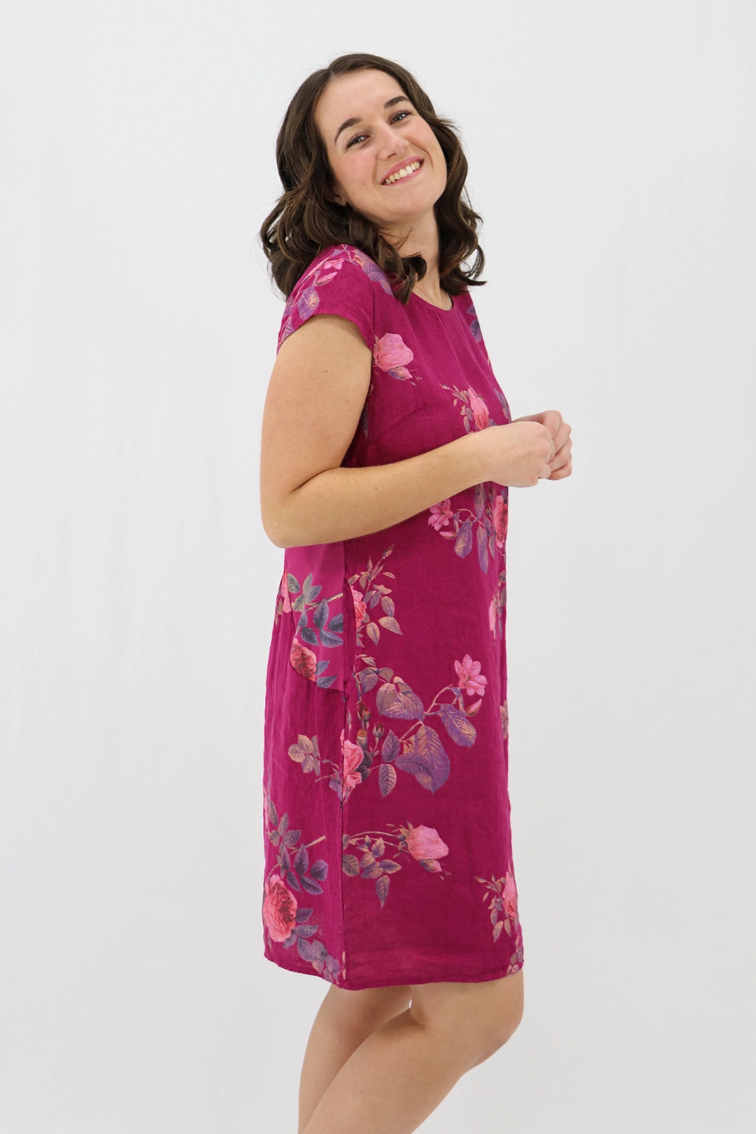 Aida Rose Linen The Midi Dress - Rose Garden Berry Side